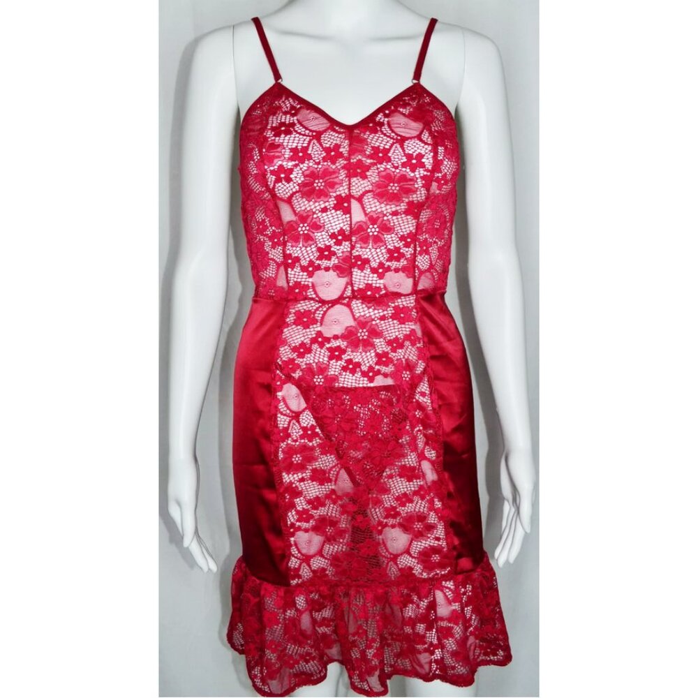 SHEIN Satin & Floral Lace Chemise & Thong 2 Piece Lingerie Set Red Wine Sz L NEW